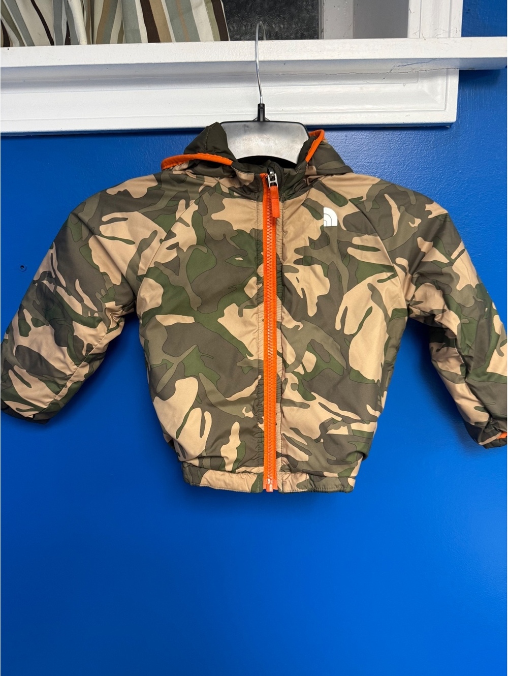 The North Face Infant Toddler 18-24M Reversible Puffer Jacket Olive Camo Orange